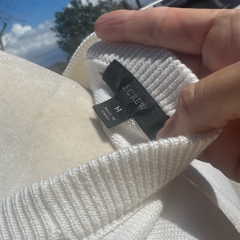 J Crew White Neutral Crew neck Cotton Cashmere Sweater Preppy Classic Medium - Picture 6 of 8